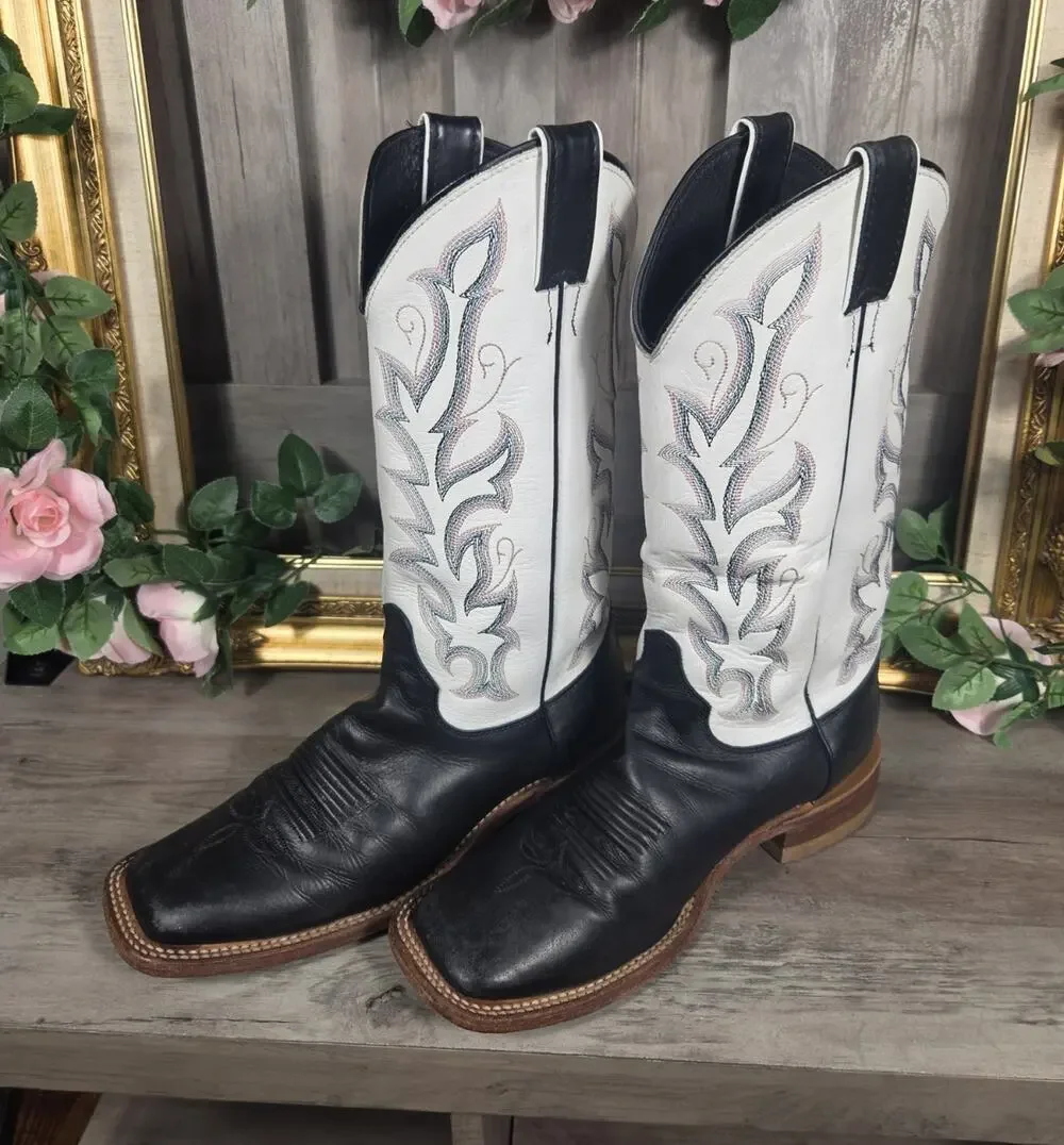 Justin BRL313 Women's 9B Black White Leather Western Cowboy Boots Square Toe USA